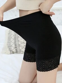 1條夏季薄款蕾絲邊高腰安全短褲,防摩擦降溫彩色基礎內搭短褲 - 黑色 - 查看 4