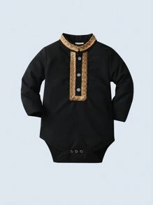 Baby Boys' Long Sleeve Front Snap Closure Bodysuit, Suitable For Holiday Events And Celebrations, Spring/Summer - Black - View 1