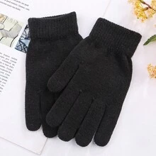 1pc Unisex Warm Winter Gloves, Thickened Solid Color Knitted Half-Finger Gloves With Thermal Lined - Black - View 1
