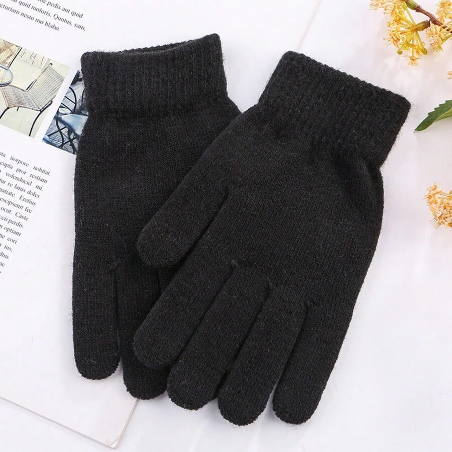 1pc Unisex Warm Winter Gloves, Thickened Solid Color Knitted Half-Finger Gloves With Thermal Lined - Black - View 1