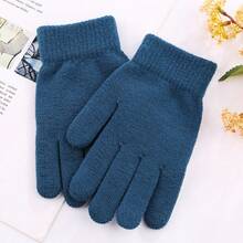 1pc Unisex Warm Winter Gloves, Thickened Solid Color Knitted Half-Finger Gloves With Thermal Lined - Black - View 2