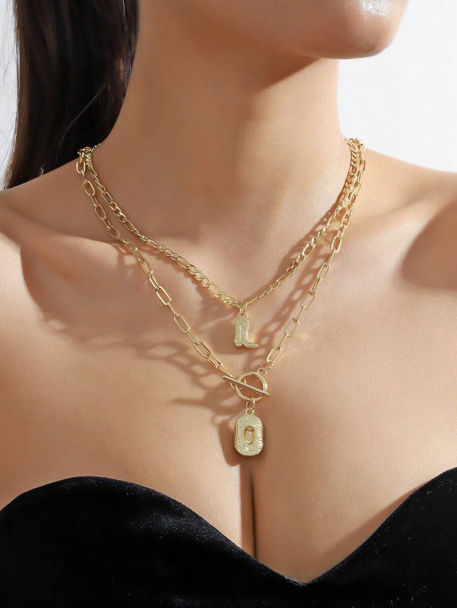 MESTILO 2入組時尚金屬西部牛仔靴和帽子吊墜項鍊,女士日常佩戴 - 金色 - 查看 1