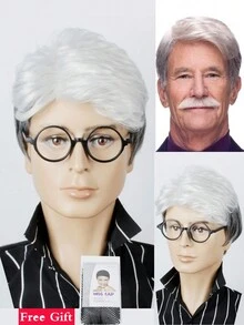 短款灰白色假发，带刘海，8 英寸合成耐热假发，适合男士日常或圣诞派对使用 - 彩色 - 查看 1