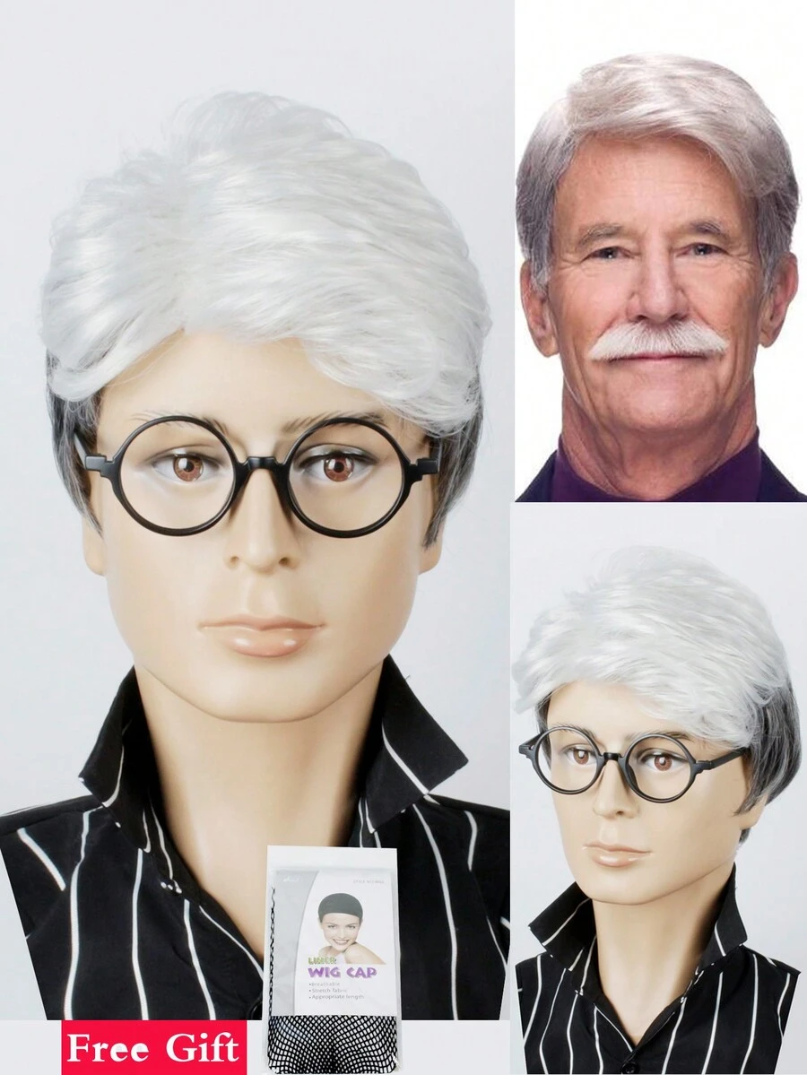 短款灰白色假发，带刘海，8 英寸合成耐热假发，适合男士日常或圣诞派对使用 - 彩色 - 查看 1