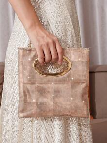 閃閃發亮的鑽石裝飾晚宴手拿包,配有方形和圓形金屬手柄,手工製作的女性時尚錢包 - 香檳色 - 查看 2