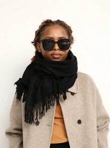 1條女性冬季純色仿開司米絲巾 - 黑色 - 查看 3