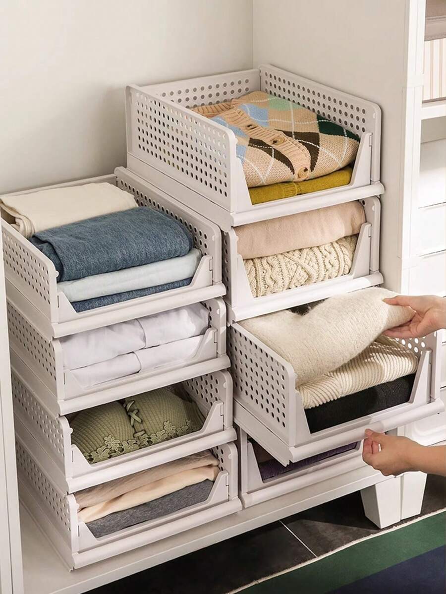 1/4pcs White Oversized Square Wardrobe Storage Basket, Household Clothing Storage Box, Wardrobe Partition, Folding Drawer Storage Box, High Style - White - View 1