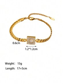 1pc Golden Color European And American Style Cubic Zirconia & Green Stone Decoration Stainless Steel Bracelet For Women's Daily Wear - Yellow Gold - View 4