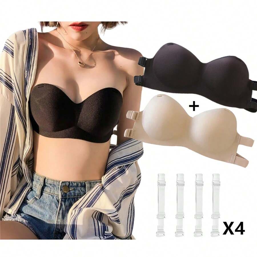 2 Pieza Brasier Sin Varillas Strapless Invisible Push Up Bra - Multicolor - Ver 1