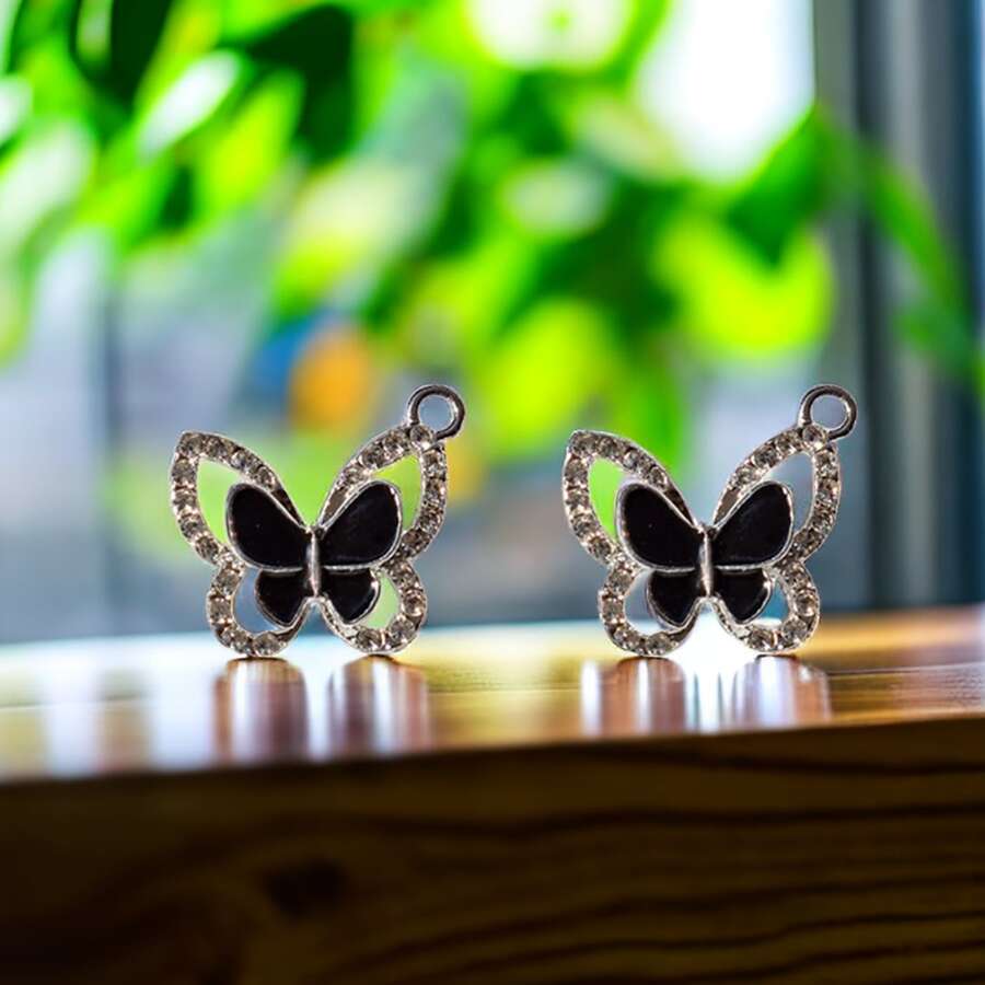 2pcs Simple Oil Drop & Micro Inlay Rhinestone Butterfly Pendant Necklace & Earrings Set - double butterfly - View 1