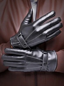 2pcs Winter Thicken Pu Leather Gloves For Men, Classic And Stylish, Black, Warm Motorcycle Gloves - Black - View 1