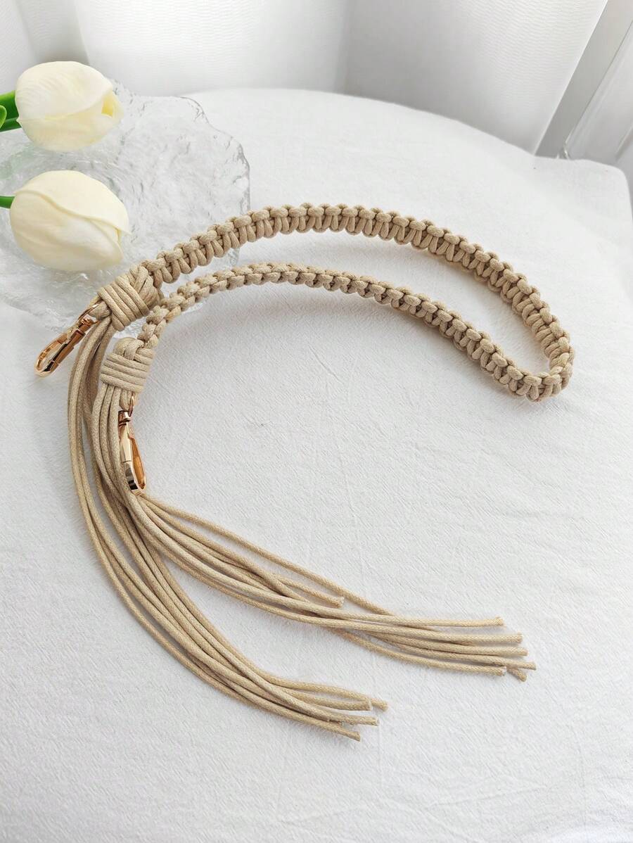 手工編織草編肩帶袋帶 - 杏色 - 查看 1