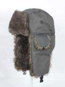 1pc Black Winter Warm Fleece Earflap Hat - Dark Grey - View 1