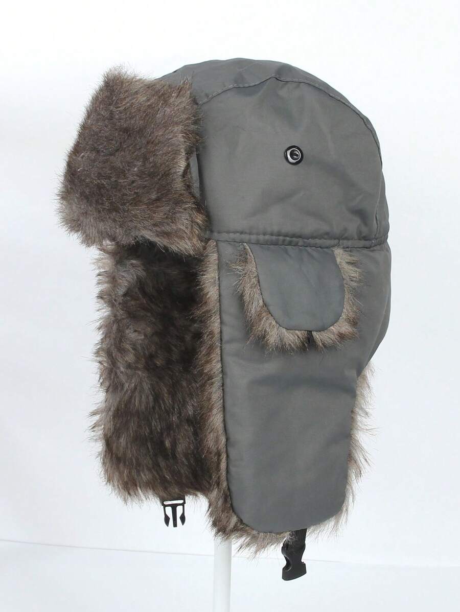 1pc Black Winter Warm Fleece Earflap Hat - Dark Grey - View 1