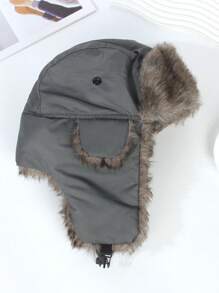 1pc Black Winter Warm Fleece Earflap Hat - Dark Grey - View 4