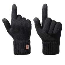 1pair Full Finger Solid Colored Winter Warmth Thicken Touchscreen & Writing & Cycling Gloves - Black - View 6