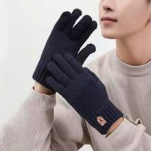 1pair Full Finger Solid Colored Winter Warmth Thicken Touchscreen & Writing & Cycling Gloves - Black - View 4