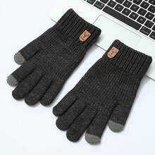 1pair Full Finger Solid Colored Winter Warmth Thicken Touchscreen & Writing & Cycling Gloves - Black - View 2
