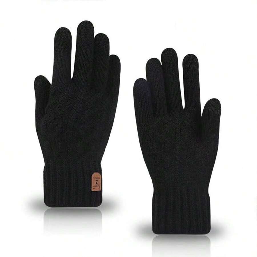 1pair Full Finger Solid Colored Winter Warmth Thicken Touchscreen & Writing & Cycling Gloves - Black - View 1