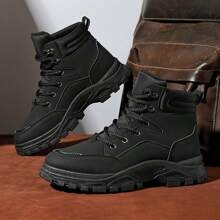 男士靴子英倫風復古防水真皮中小腿厚底工作靴 - 黑色 - 查看 1