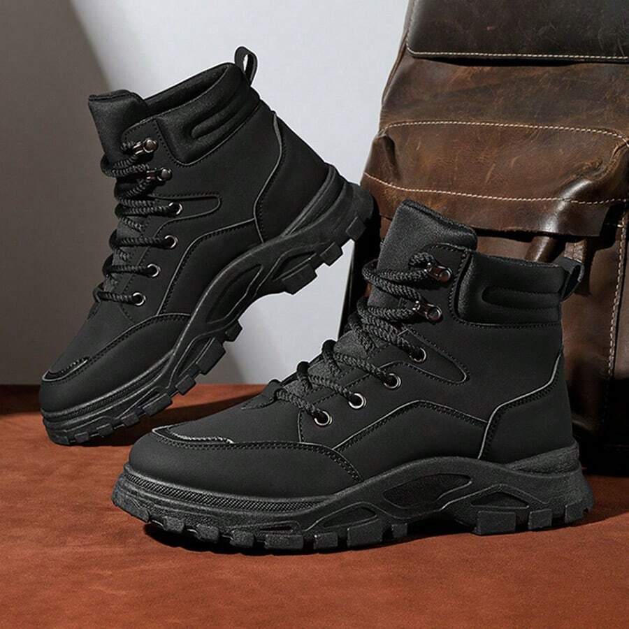 男士靴子英倫風復古防水真皮中小腿厚底工作靴 - 黑色 - 查看 1