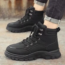 男士靴子英倫風復古防水真皮中小腿厚底工作靴 - 黑色 - 查看 4