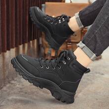 男士靴子英倫風復古防水真皮中小腿厚底工作靴 - 黑色 - 查看 3