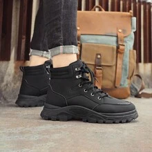 男士靴子英倫風復古防水真皮中小腿厚底工作靴 - 黑色 - 查看 5