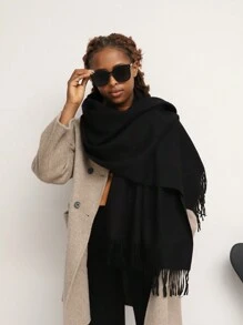 1條女性冬季純色仿開司米絲巾 - 黑色 - 查看 2