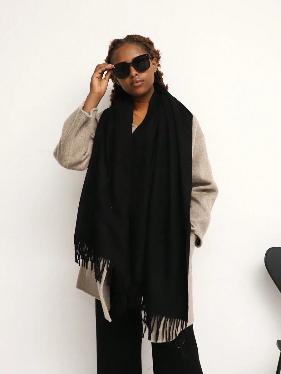 1條女性冬季純色仿開司米絲巾 - 黑色 - 查看 1