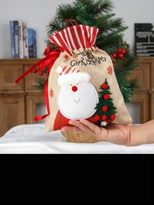 Christmas Burlap Gift Bag, Candy Bag, Xmas Gift Pouch Decoration - Red - View 1