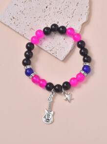 1pc Fashionable Couple Star Shaped Pendant & Beaded Bracelet, Guitar Star Pendant - Hot Pink - View 3