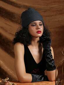 1pc Ladies' Solid Color Hat With Removable Veil Knitted Winter Warm Cap For Daily Wear Double Layer Fabric - Grey - View 2