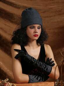 1pc Ladies' Solid Color Hat With Removable Veil Knitted Winter Warm Cap For Daily Wear Double Layer Fabric - Grey - View 1