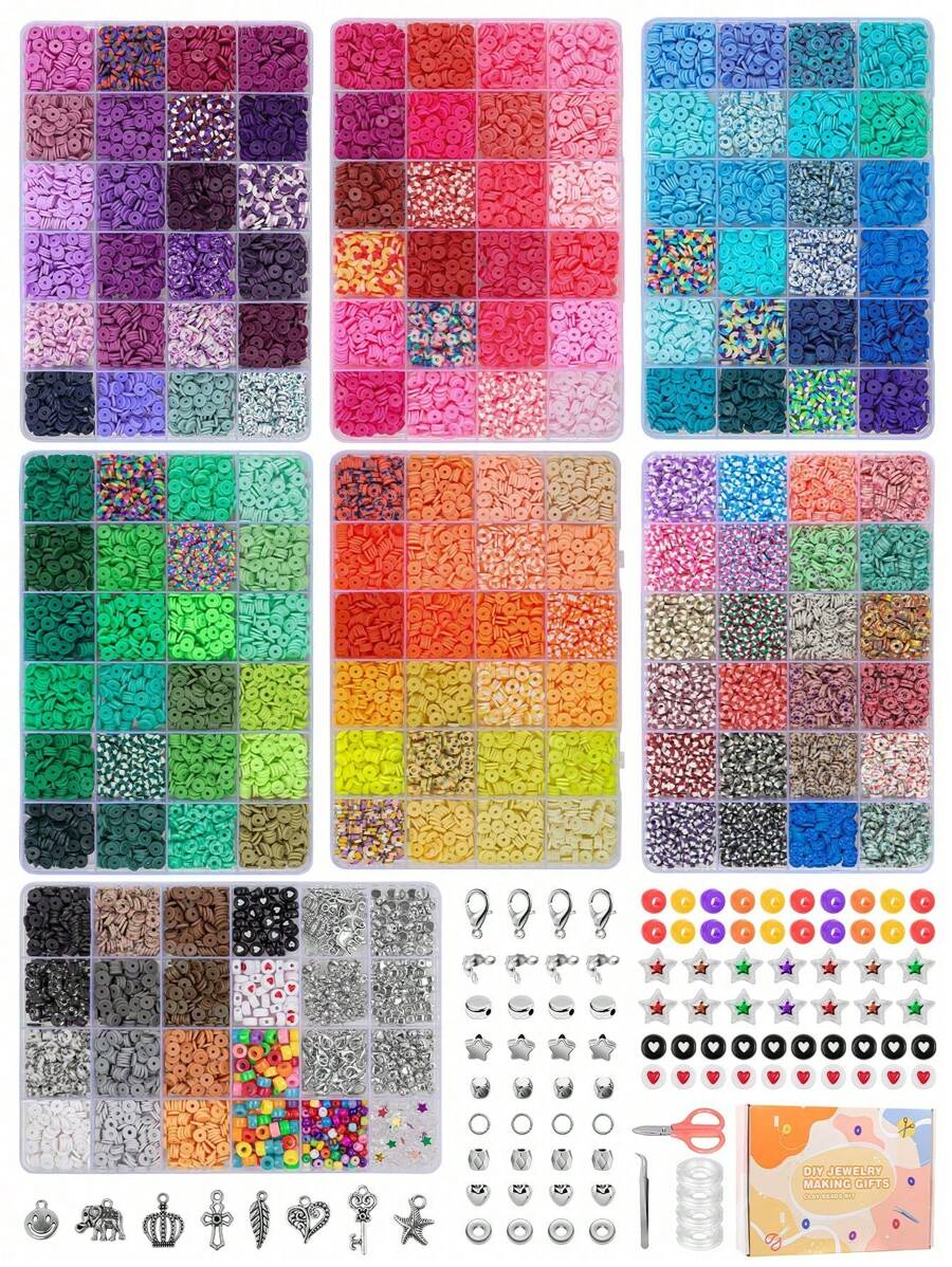 15600件/14400件/7200件/4800件/2400件黏土珠手鍊製作套件，包含字母珠、扁平聚合物珠、珠寶製作用品、彩繩彈性線，適用於女孩手工藝禮物套裝 - 2400pcs - 查看 1
