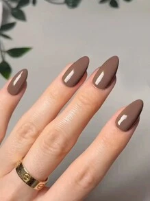 24 Uñas Cortas Con Forma De Almendra, Color Sólido, Color Café, Brillante, Estilo Simple, Reutilizable, Adecuado Para Uso Diario Y Festivo. - Multicolor - Ver 1