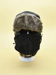 1pc Unisex Solid Color Casual Hat With Mask & Ear Flaps, Windproof & Warm, For Kids/teens - Black - View 5