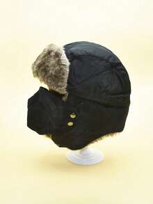 1pc Unisex Solid Color Casual Hat With Mask & Ear Flaps, Windproof & Warm, For Kids/teens - Black - View 4