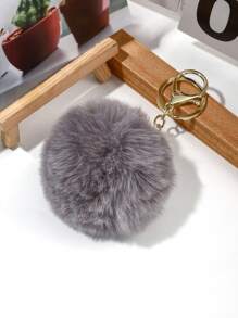 1pc Women's Fashionable Grey Fur Ball Decor Keychain Accessory - Grey - View 3