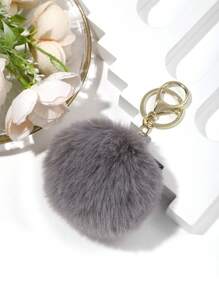 1pc Women's Fashionable Grey Fur Ball Decor Keychain Accessory - Grey - View 2