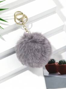 1pc Women's Fashionable Grey Fur Ball Decor Keychain Accessory - Grey - View 1