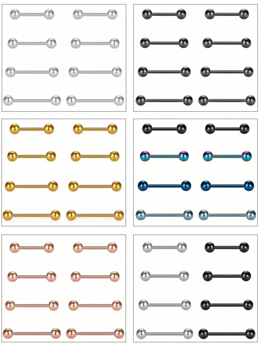 CIZME 1套裝的8入組14g不銹鋼舌頭&乳環帶水鑽穿孔首飾適合男人及女人,銀,條形: