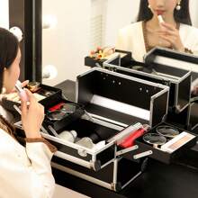 1 件化妝盒化妝盒附 4 托盤化妝品和工具化妝品收納盒可上鎖女孩化妝品收納盒 - 黑色 - 查看 1