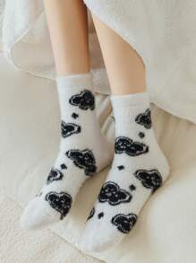 5雙女性加厚保暖毛茸茸動物櫻桃印花中筒襪,適用於家居使用 - 彩色 - 查看 5