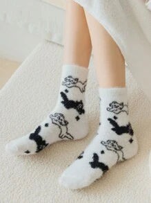 5雙女性加厚保暖毛茸茸動物櫻桃印花中筒襪,適用於家居使用 - 彩色 - 查看 4