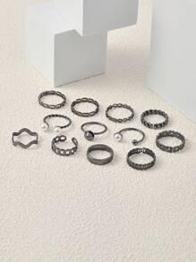 12入組時尚珍珠和扭曲設計旋轉約會戒指套裝 - 槍黑色 - 查看 3