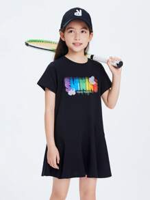 Annil 女童夏季純棉休閒舒適短袖連衣裙 - 黑色 - 查看 1