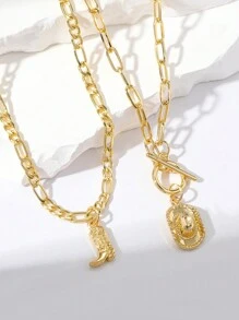 MESTILO 2入組時尚金屬西部牛仔靴和帽子吊墜項鍊,女士日常佩戴 - 金色 - 查看 2