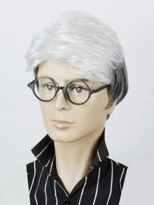 短款灰白色假发，带刘海，8 英寸合成耐热假发，适合男士日常或圣诞派对使用 - 彩色 - 查看 3