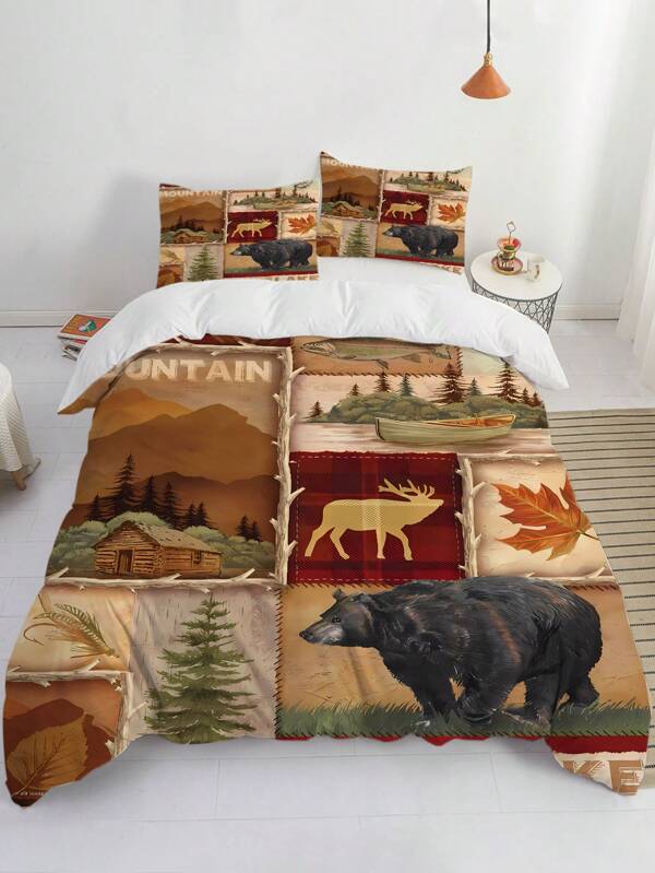 Juego de ropa de cama de 3 piezas con estampado de ciervo y oso negro, estilo rústico, vintage a cuadros rojos, temática de animales del bosque, alojamiento de cabaña, país, granja. Incluye (1 * Funda nórdica + 2 * Fundas de almohada, sin relleno)